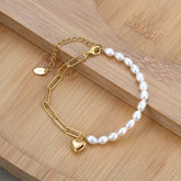 Block Heart Shape Sterling Silver Plating Inlay Freshwater Pearl 14K Gold Plated Bracelet